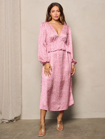 WOMEN'S LONG SLEEVE V-NECK ANIMAL PREINT MIDI DRESS