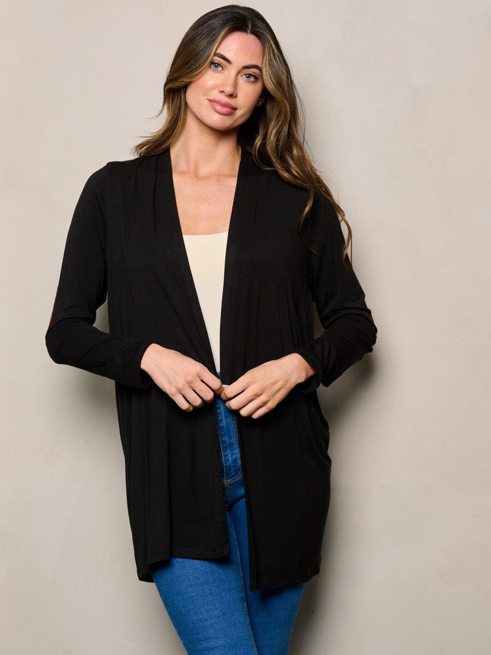 WOMEN'S LONG SLEEVE ELBOW PATCHED OPEN FRONT SOLID CARDIGAN