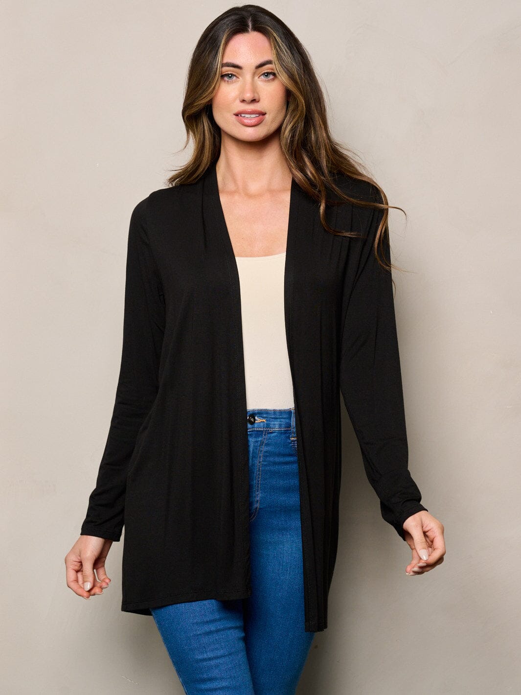 WOMEN'S LONG SLEEVE ELBOW PATCHED OPEN FRONT SOLID CARDIGAN