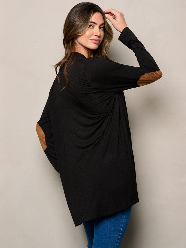WOMEN'S LONG SLEEVE ELBOW PATCHED OPEN FRONT SOLID CARDIGAN