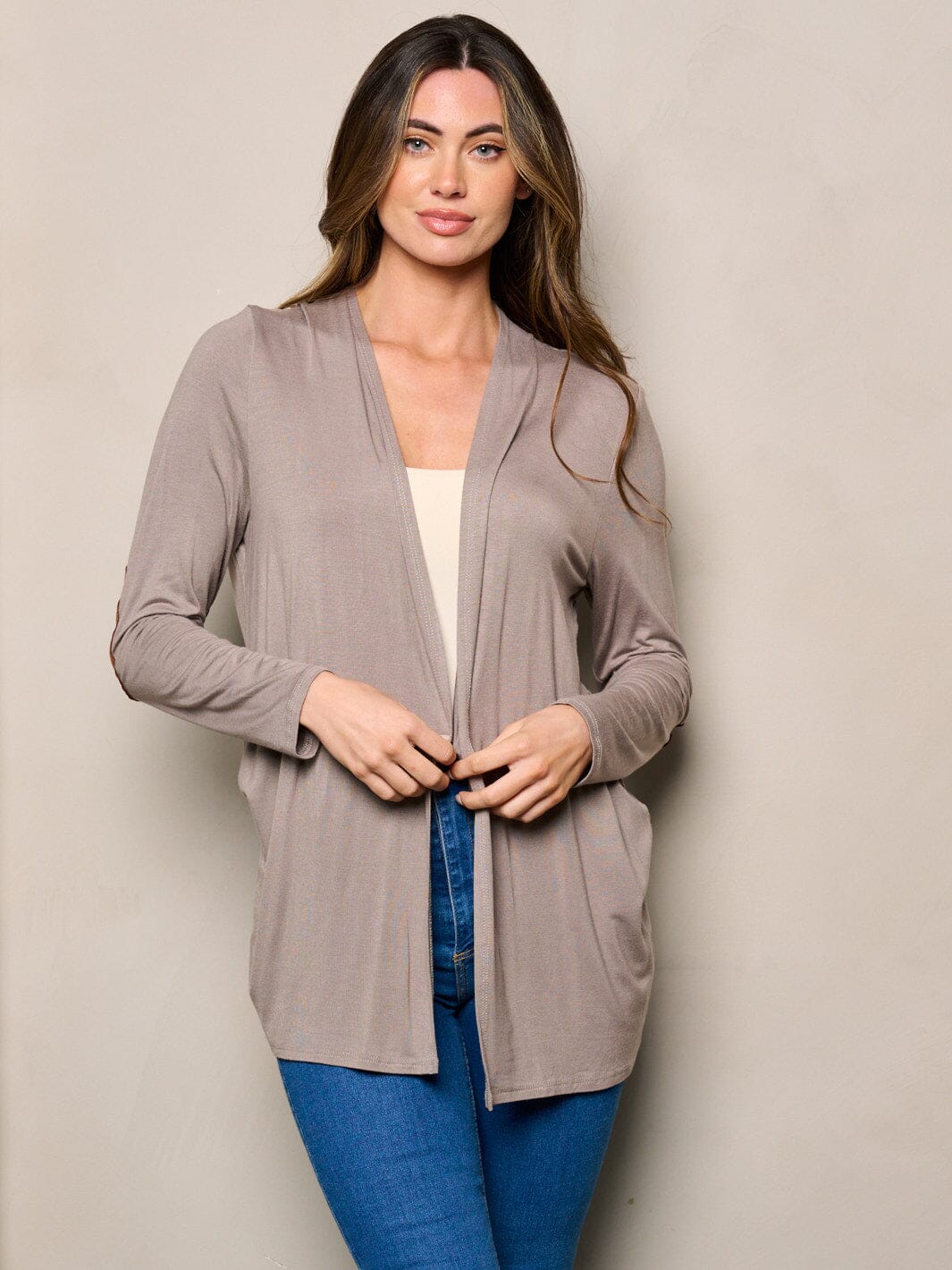 WOMEN'S LONG SLEEVE ELBOW PATCHED OPEN FRONT SOLID CARDIGAN