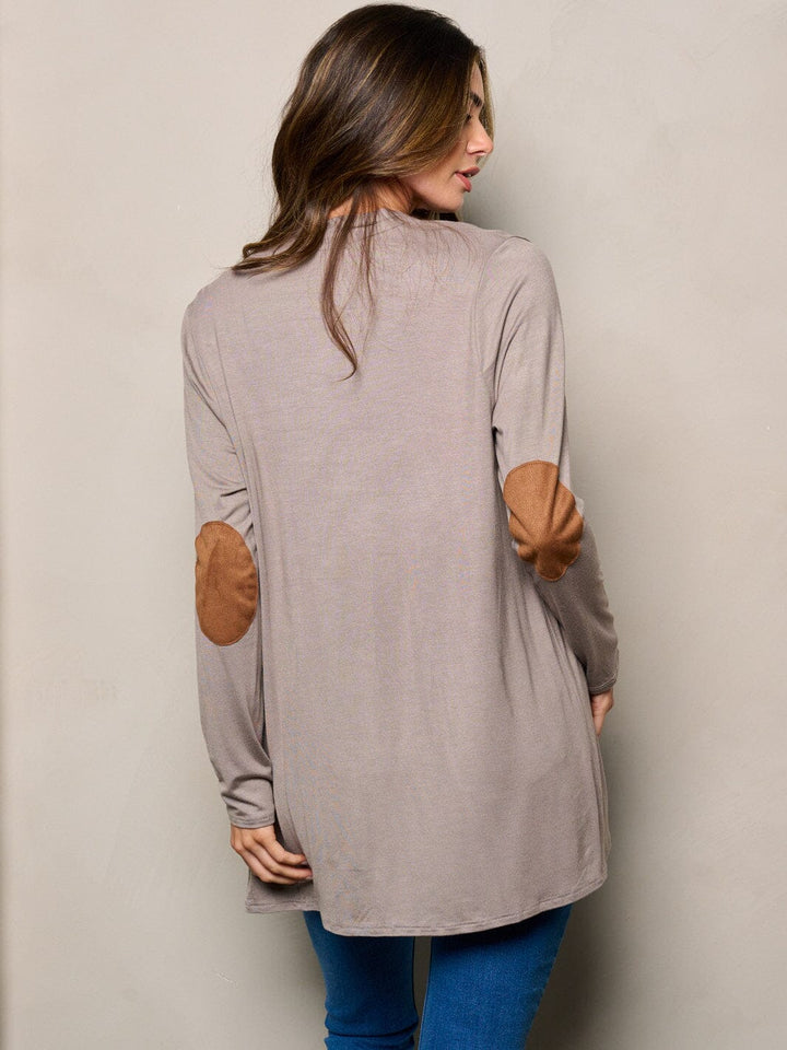 WOMEN'S LONG SLEEVE ELBOW PATCHED OPEN FRONT SOLID CARDIGAN