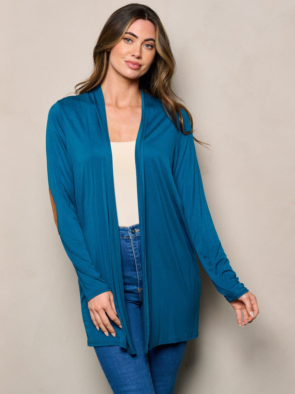 WOMEN'S LONG SLEEVE ELBOW PATCHED OPEN FRONT SOLID CARDIGAN