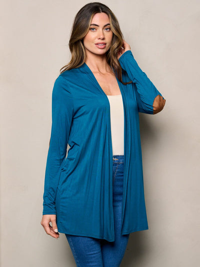 WOMEN'S LONG SLEEVE ELBOW PATCHED OPEN FRONT SOLID CARDIGAN