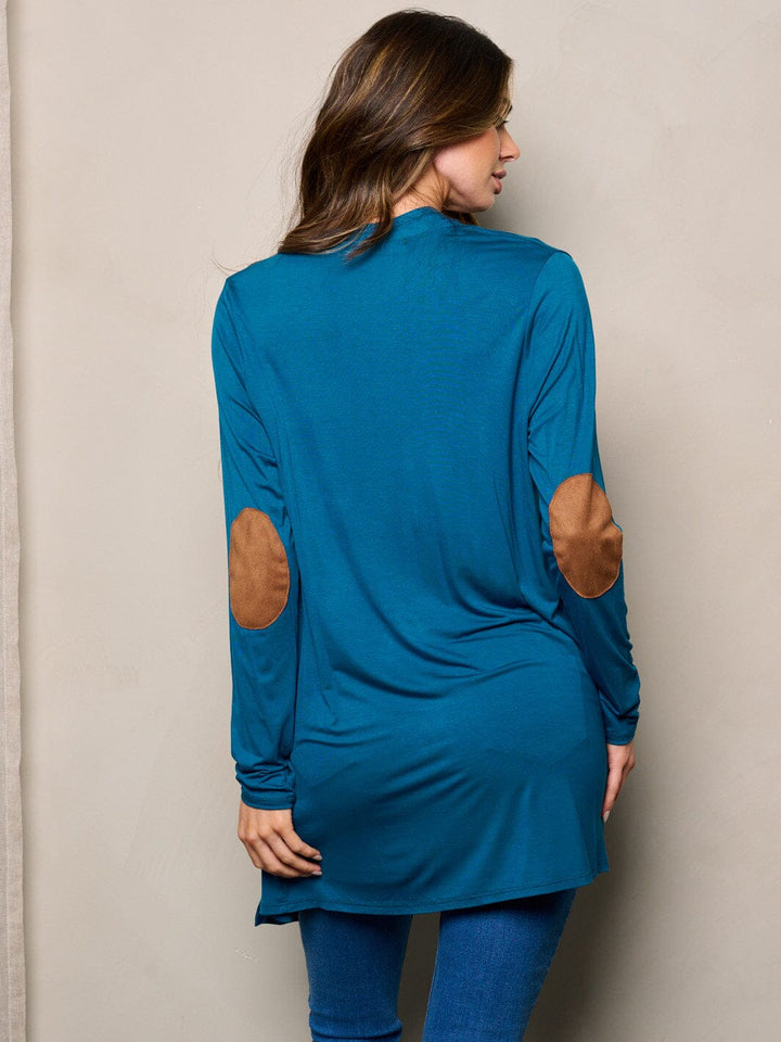 WOMEN'S LONG SLEEVE ELBOW PATCHED OPEN FRONT SOLID CARDIGAN
