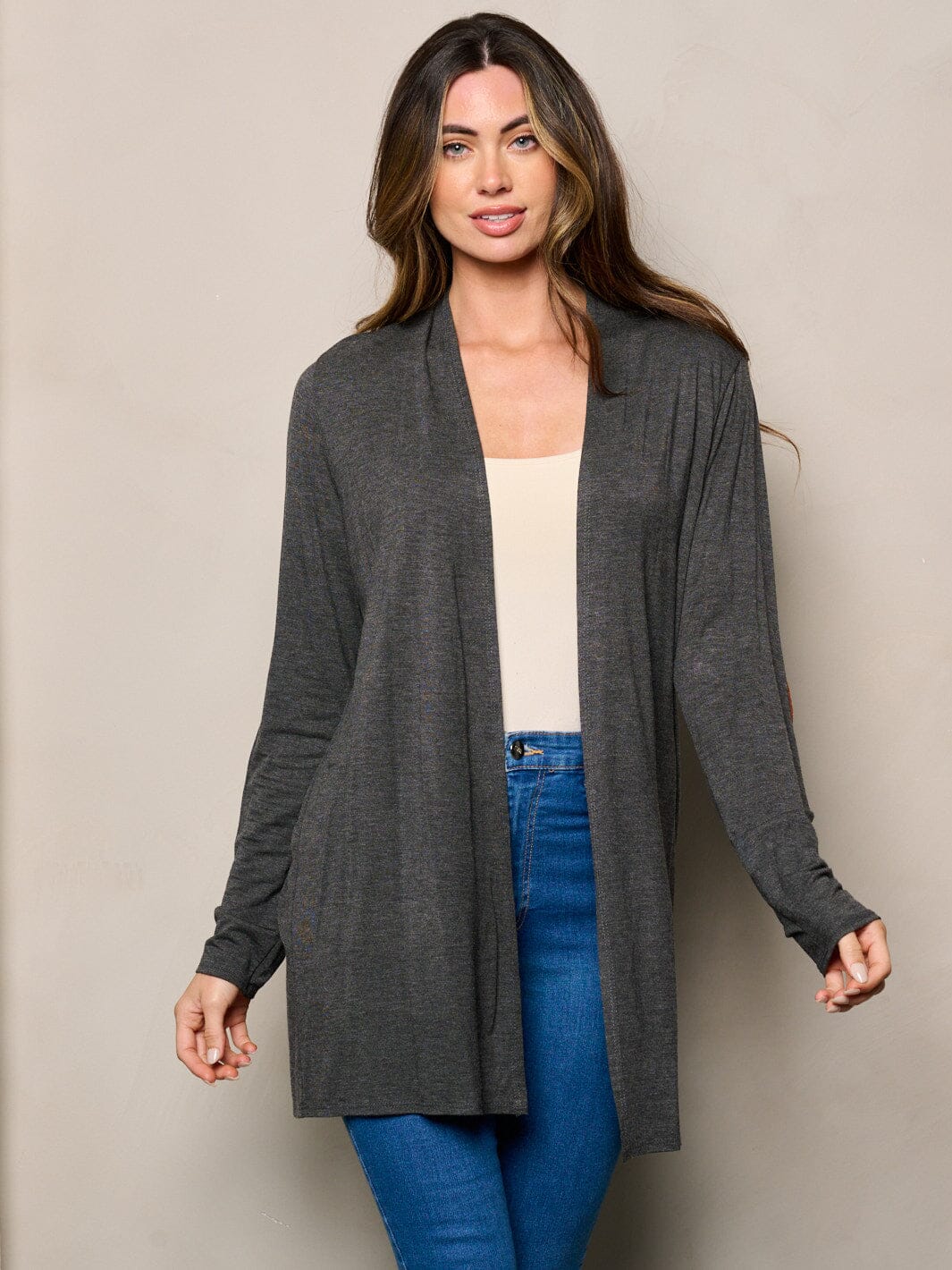 WOMEN'S LONG SLEEVE ELBOW PATCHED OPEN FRONT SOLID CARDIGAN