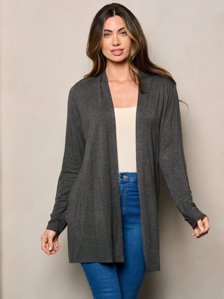 WOMEN'S LONG SLEEVE ELBOW PATCHED OPEN FRONT SOLID CARDIGAN