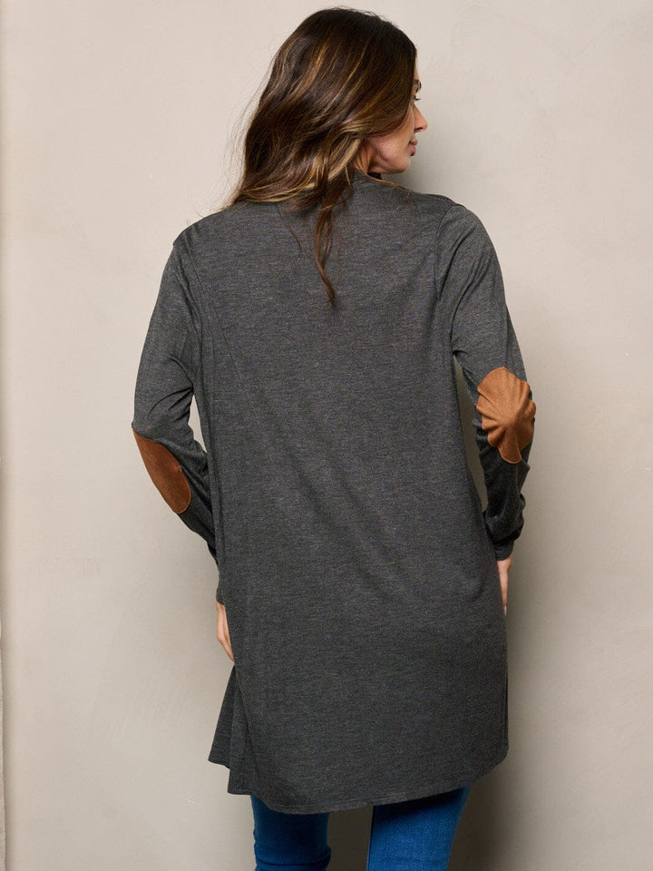 WOMEN'S LONG SLEEVE ELBOW PATCHED OPEN FRONT SOLID CARDIGAN