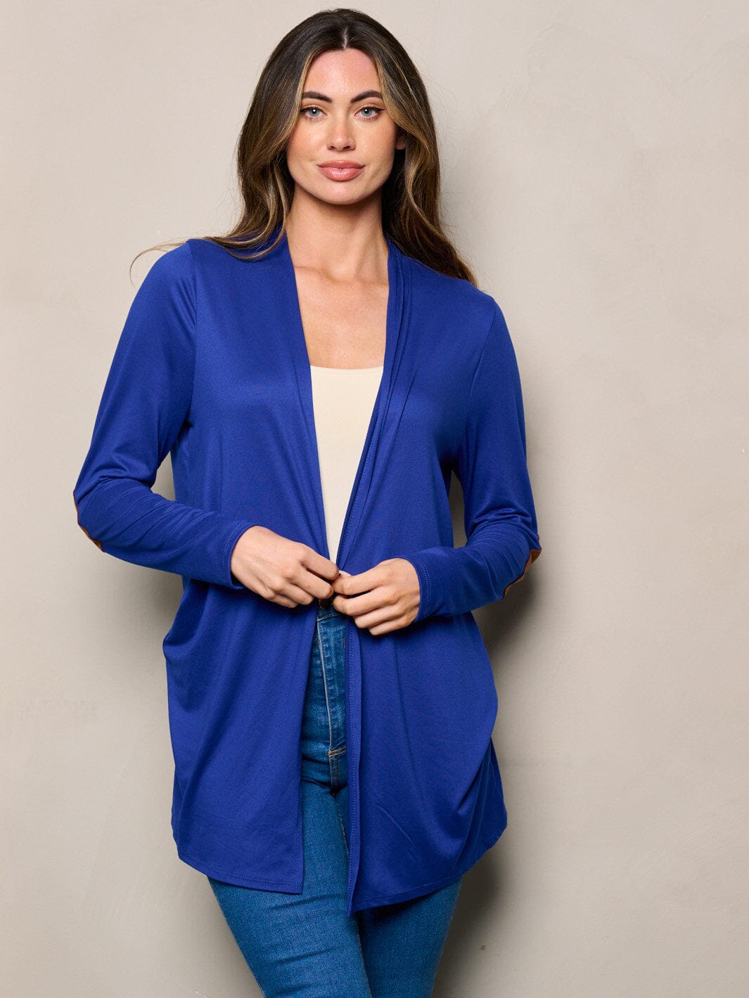 WOMEN'S LONG SLEEVE ELBOW PATCHED OPEN FRONT SOLID CARDIGAN