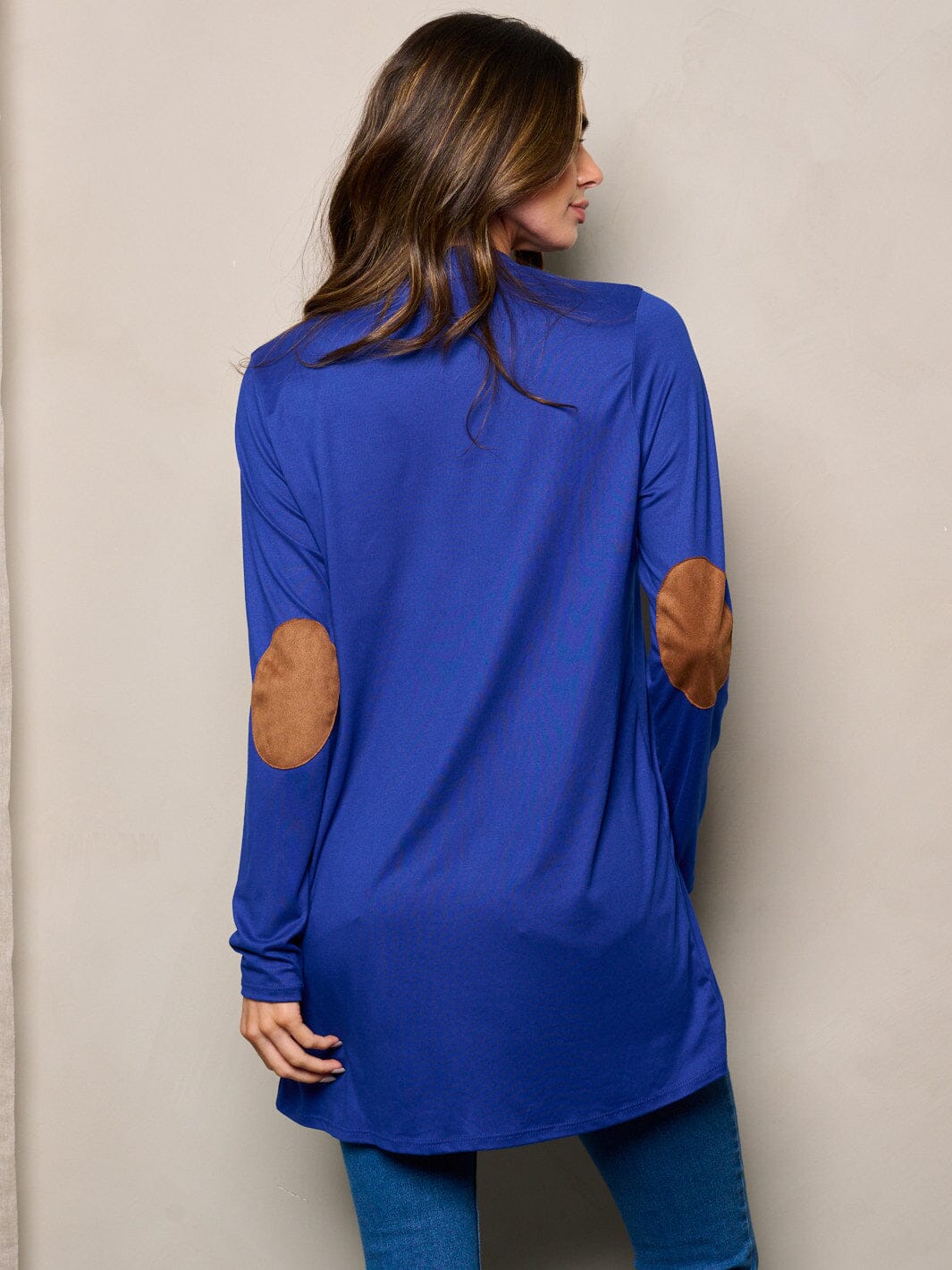 WOMEN'S LONG SLEEVE ELBOW PATCHED OPEN FRONT SOLID CARDIGAN