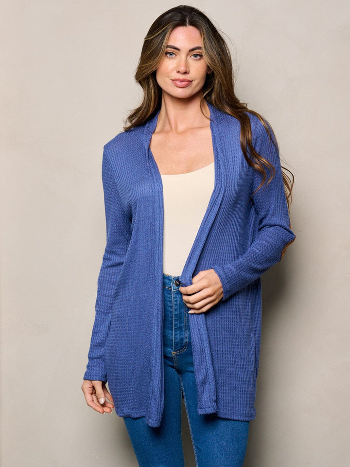 WOMEN'S LONG SLEEVE ELBOW PATCHED OPEN FRONT WAFFLE CARDIGAN