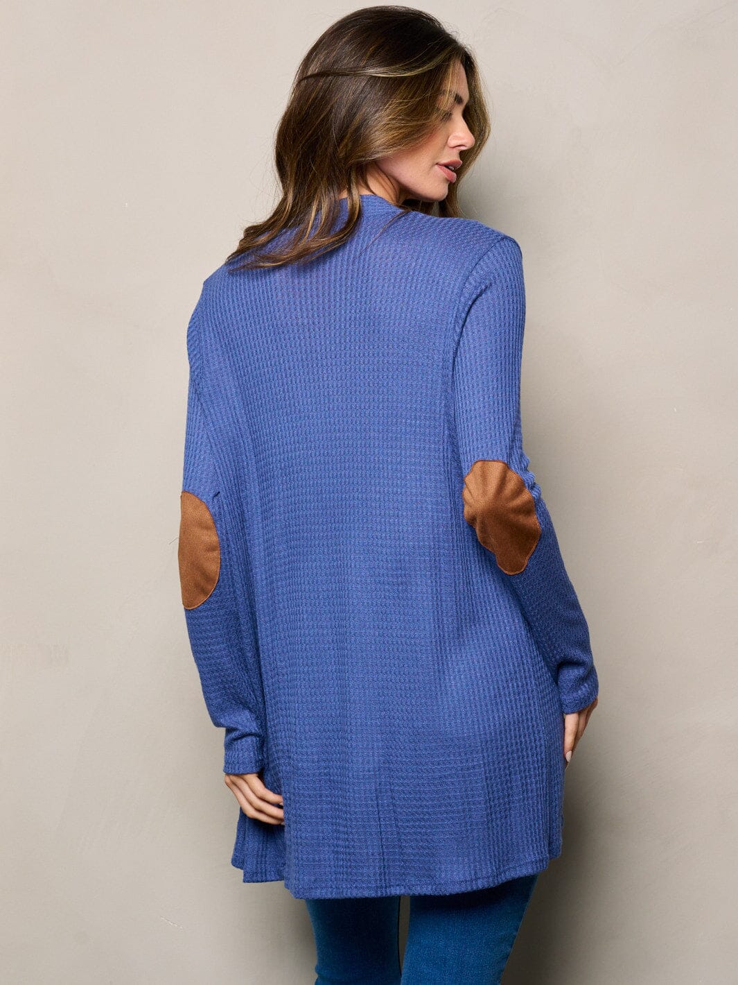 WOMEN'S LONG SLEEVE ELBOW PATCHED OPEN FRONT WAFFLE CARDIGAN