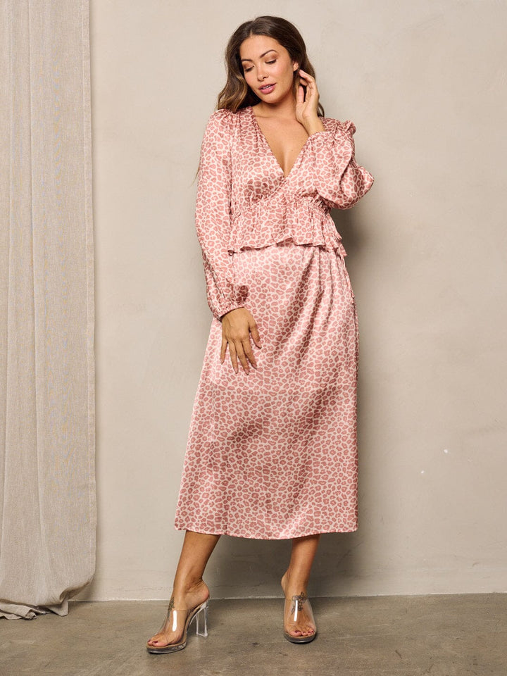 WOMEN'S LONG SLEEVE V-NECK ANIMAL PREINT MIDI DRESS
