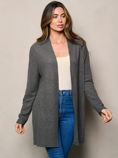 WOMEN'S LONG SLEEVE ELBOW PATCHED OPEN FRONT WAFFLE CARDIGAN