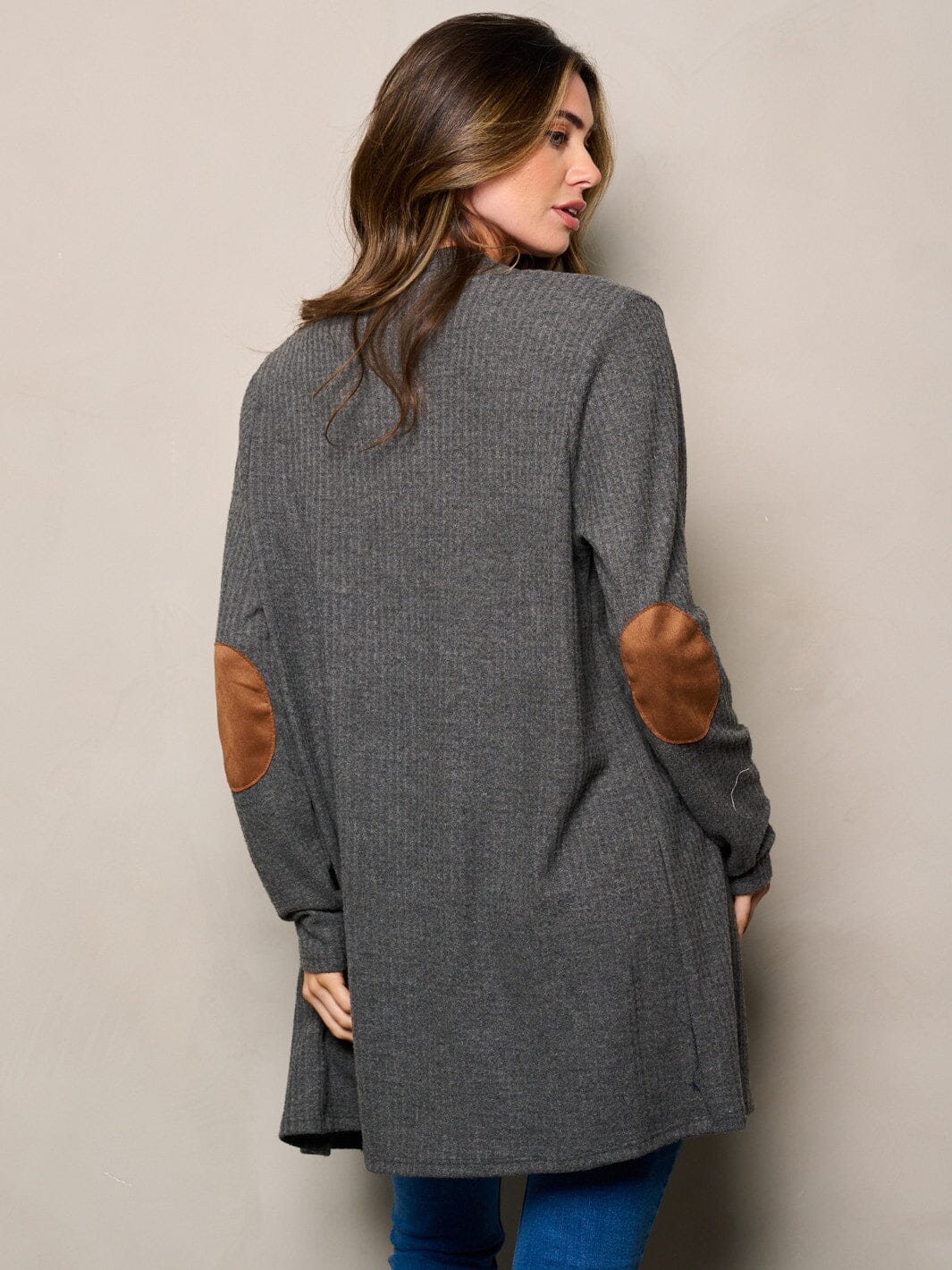 WOMEN'S LONG SLEEVE ELBOW PATCHED OPEN FRONT WAFFLE CARDIGAN