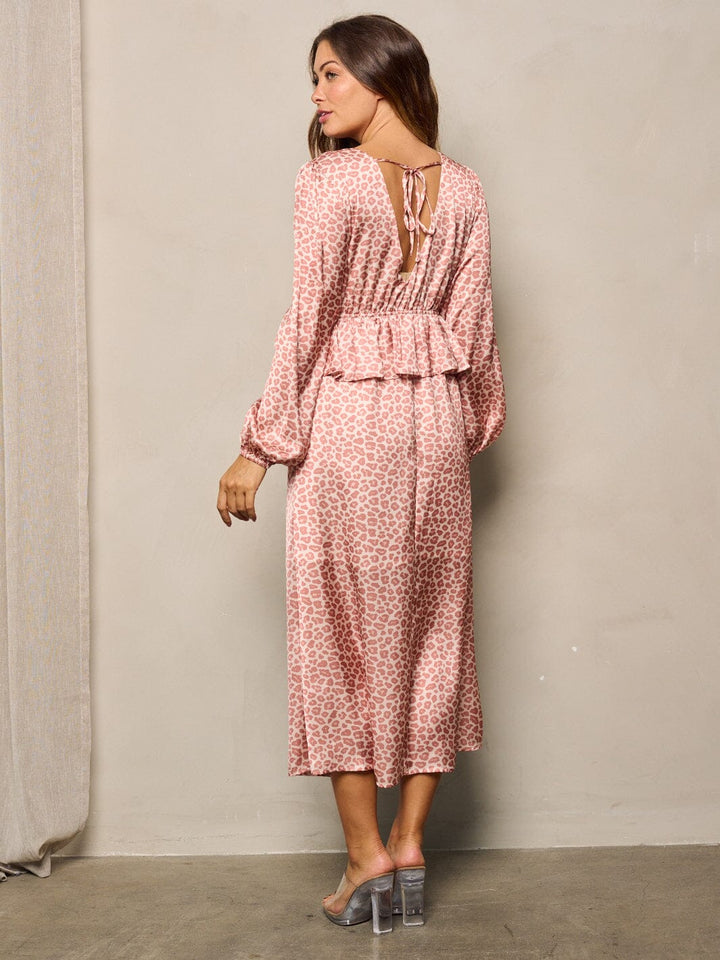 WOMEN'S LONG SLEEVE V-NECK ANIMAL PREINT MIDI DRESS