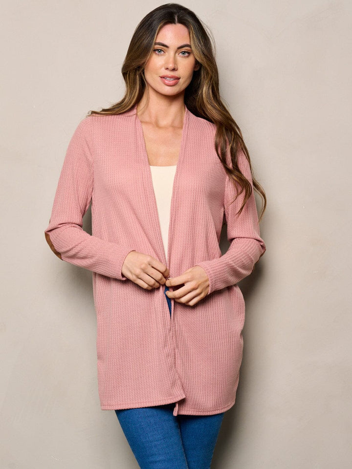 WOMEN'S LONG SLEEVE ELBOW PATCHED OPEN FRONT WAFFLE CARDIGAN
