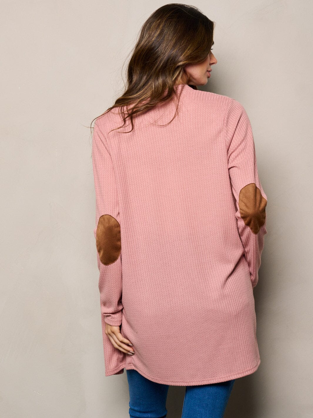 WOMEN'S LONG SLEEVE ELBOW PATCHED OPEN FRONT WAFFLE CARDIGAN