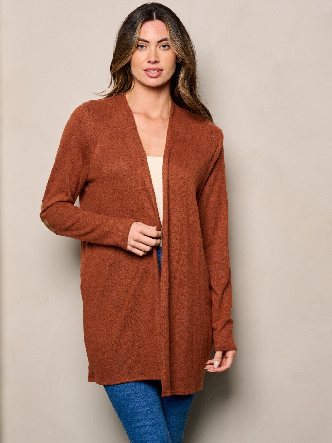 WOMEN'S LONG SLEEVE ELBOW PATCHED OPEN FRONT CARDIGAN