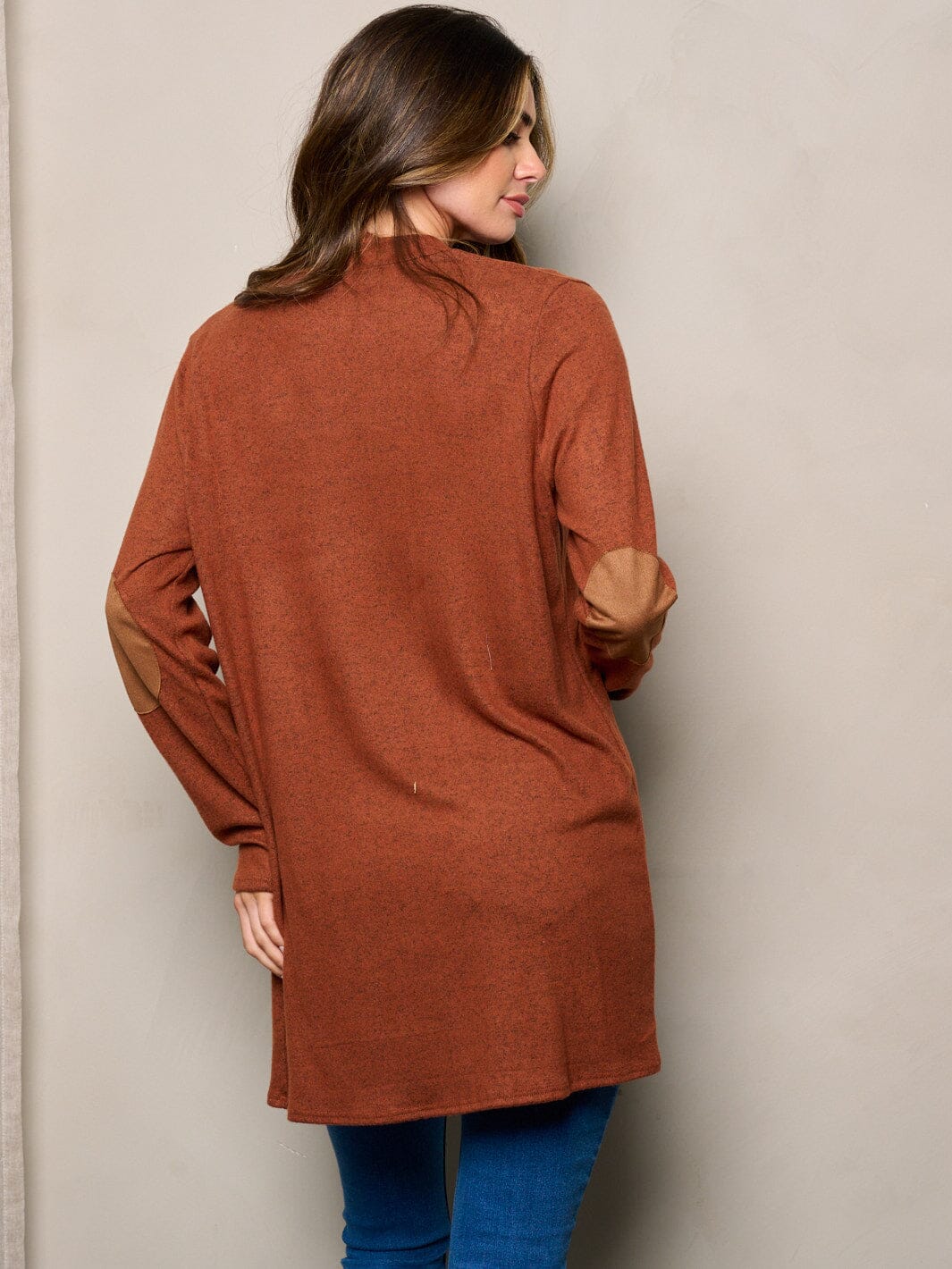 WOMEN'S LONG SLEEVE ELBOW PATCHED OPEN FRONT CARDIGAN