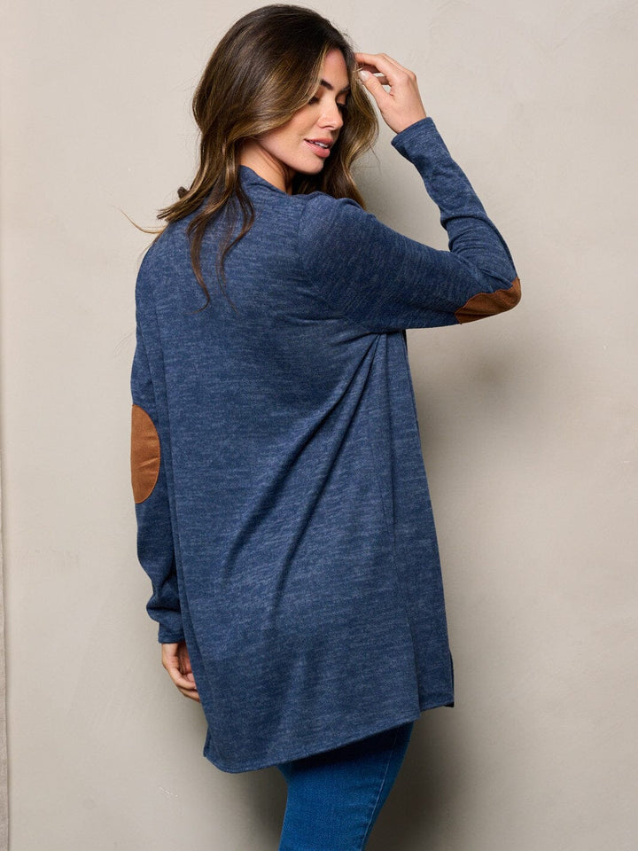 WOMEN'S LONG SLEEVE ELBOW PATCHED OPEN FRONT WASHED CARDIGAN