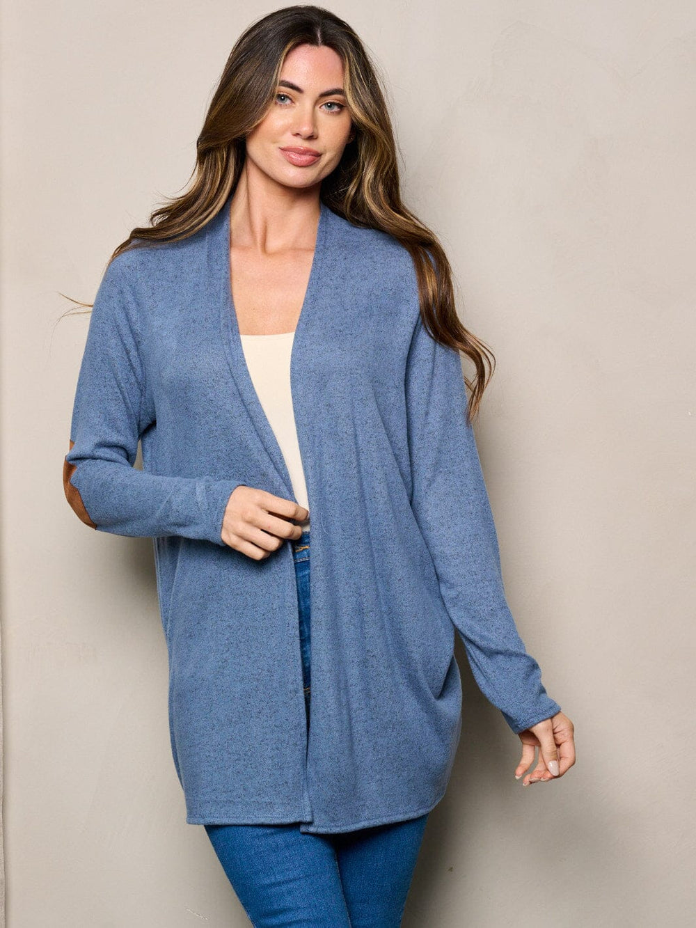 WOMEN'S LONG SLEEVE ELBOW PATCHED OPEN FRONT CARDIGAN