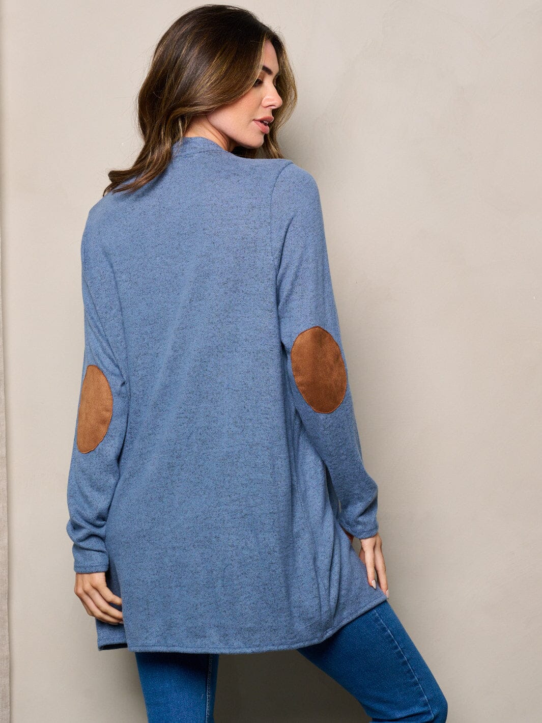 WOMEN'S LONG SLEEVE ELBOW PATCHED OPEN FRONT CARDIGAN