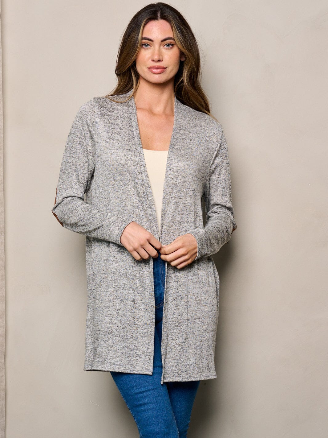 WOMEN'S LONG SLEEVE ELBOW PATCHED OPEN FRONT WASHED CARDIGAN