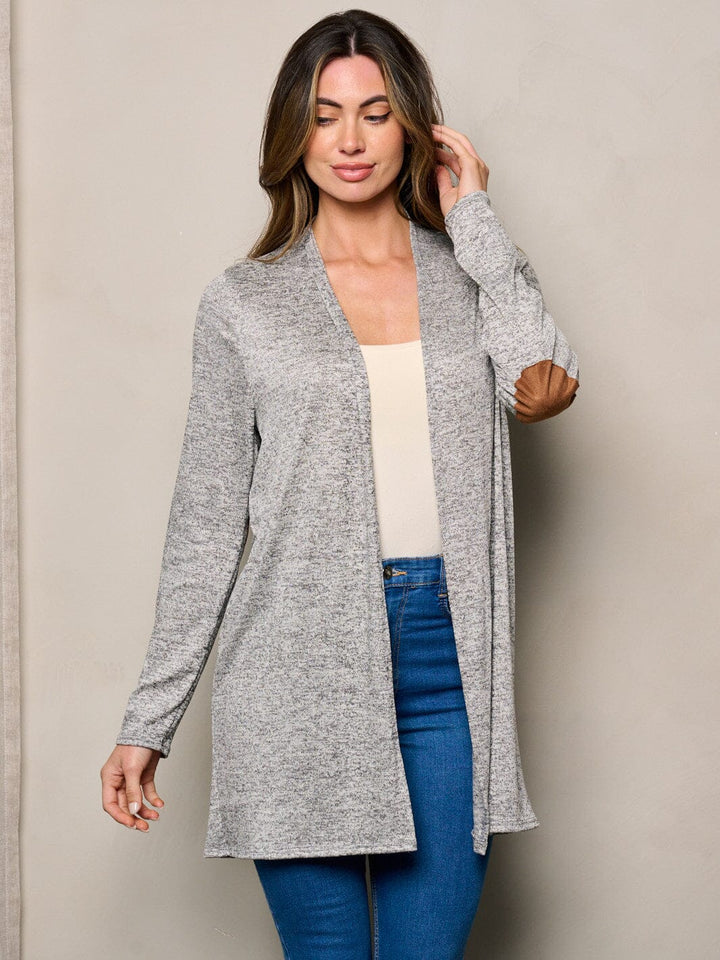 WOMEN'S LONG SLEEVE ELBOW PATCHED OPEN FRONT WASHED CARDIGAN