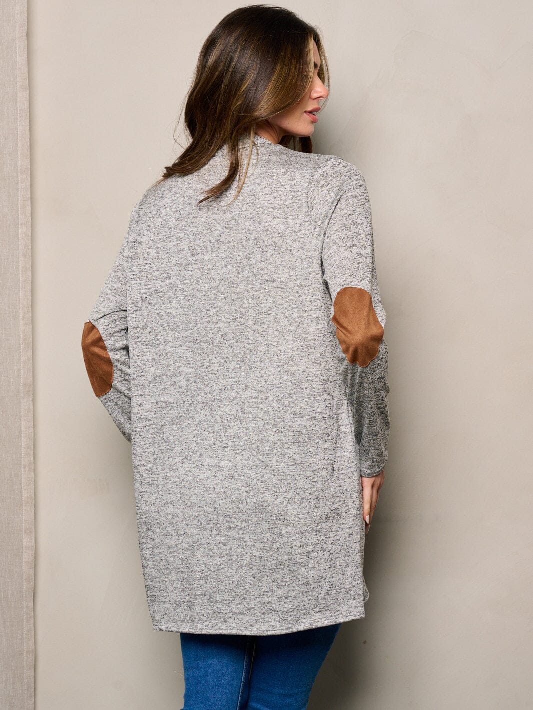 WOMEN'S LONG SLEEVE ELBOW PATCHED OPEN FRONT WASHED CARDIGAN