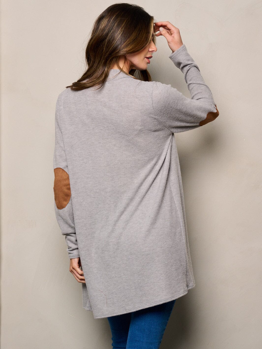 WOMEN'S LONG SLEEVE ELBOW PATCHED OPEN FRONT CARDIGAN