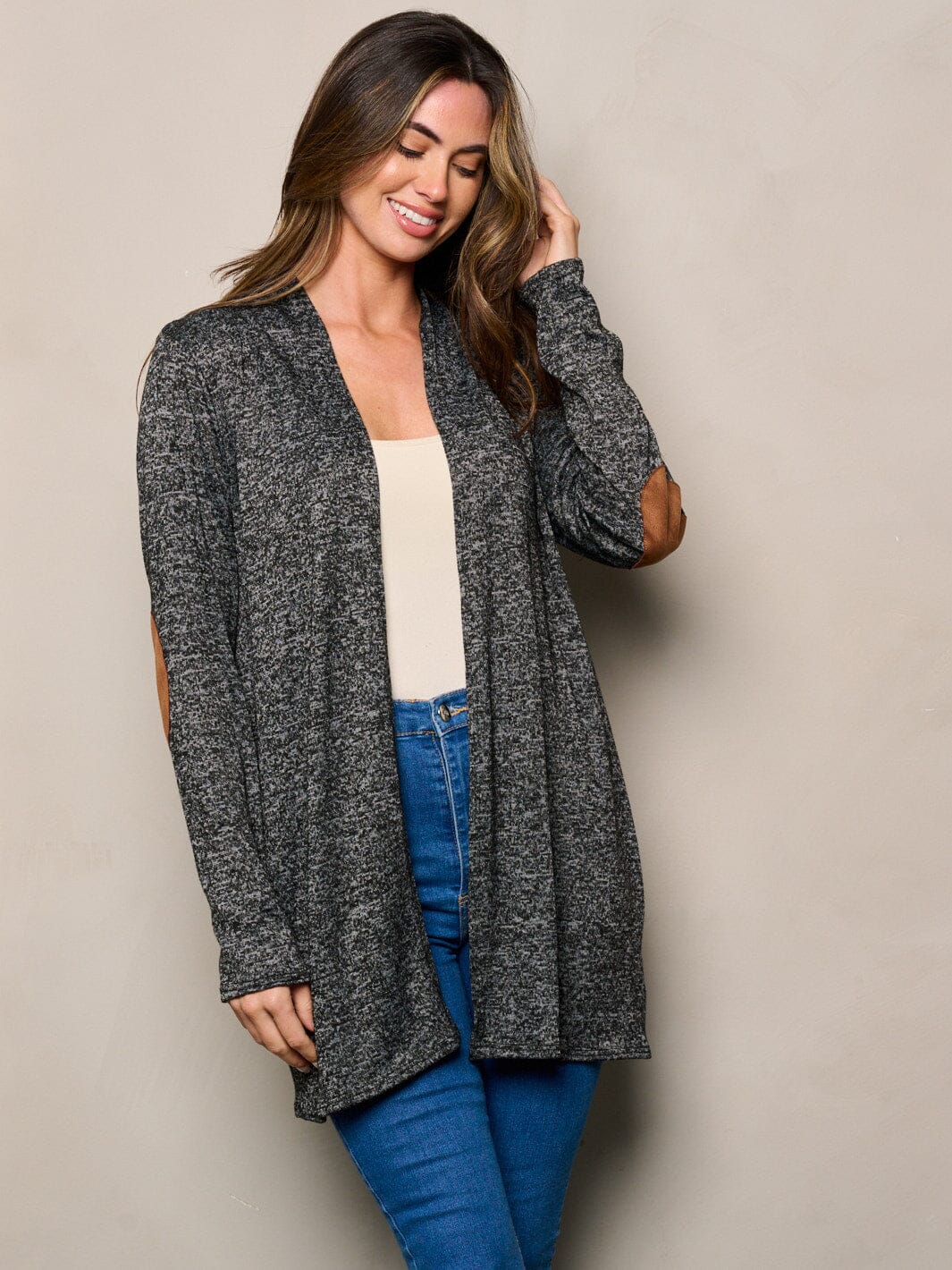 WOMEN'S LONG SLEEVE ELBOW PATCHED OPEN FRONT WASHED CARDIGAN