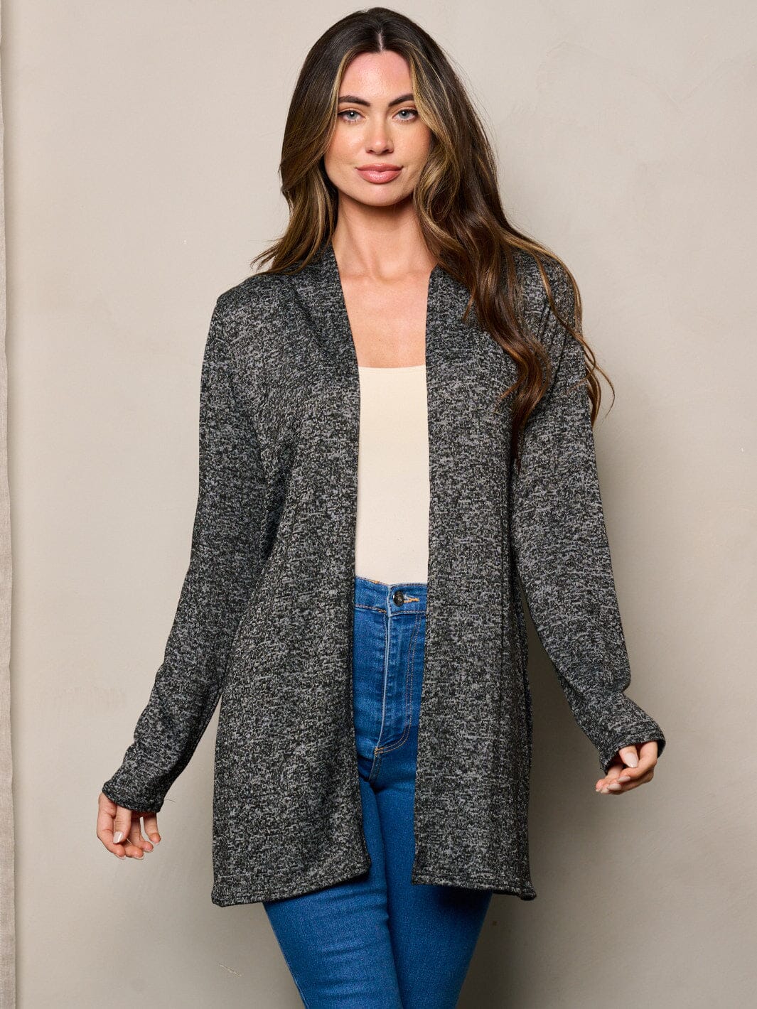 WOMEN'S LONG SLEEVE ELBOW PATCHED OPEN FRONT WASHED CARDIGAN