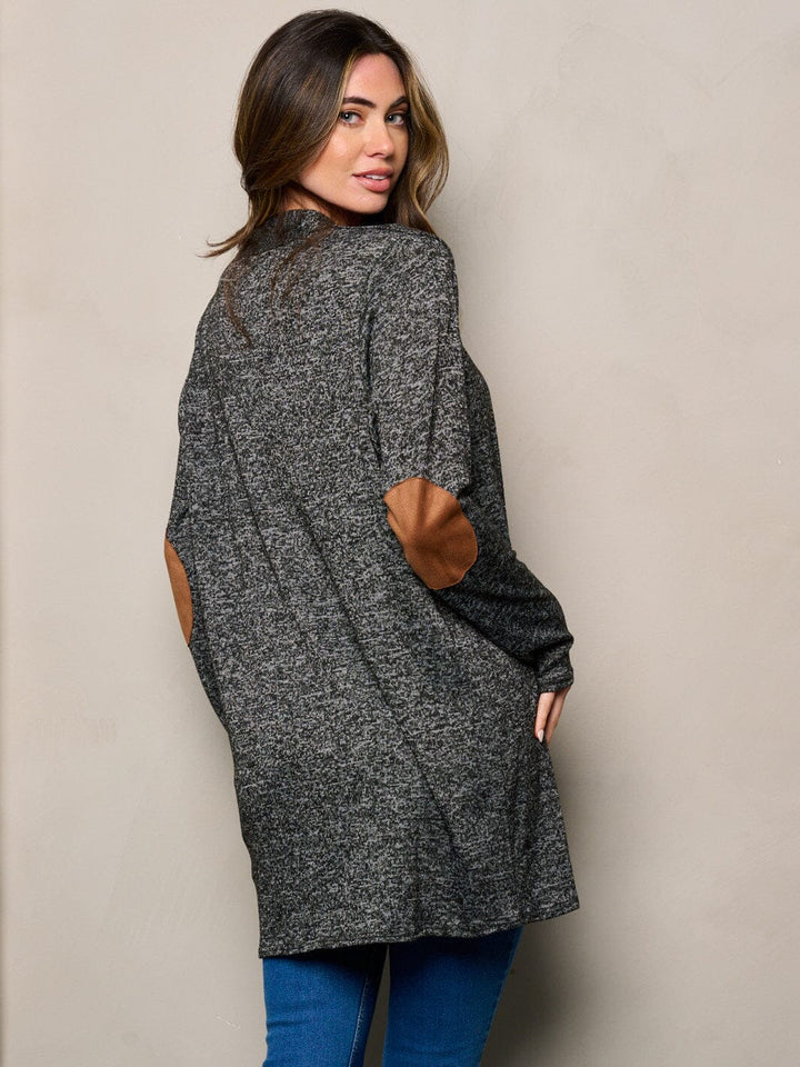 WOMEN'S LONG SLEEVE ELBOW PATCHED OPEN FRONT WASHED CARDIGAN