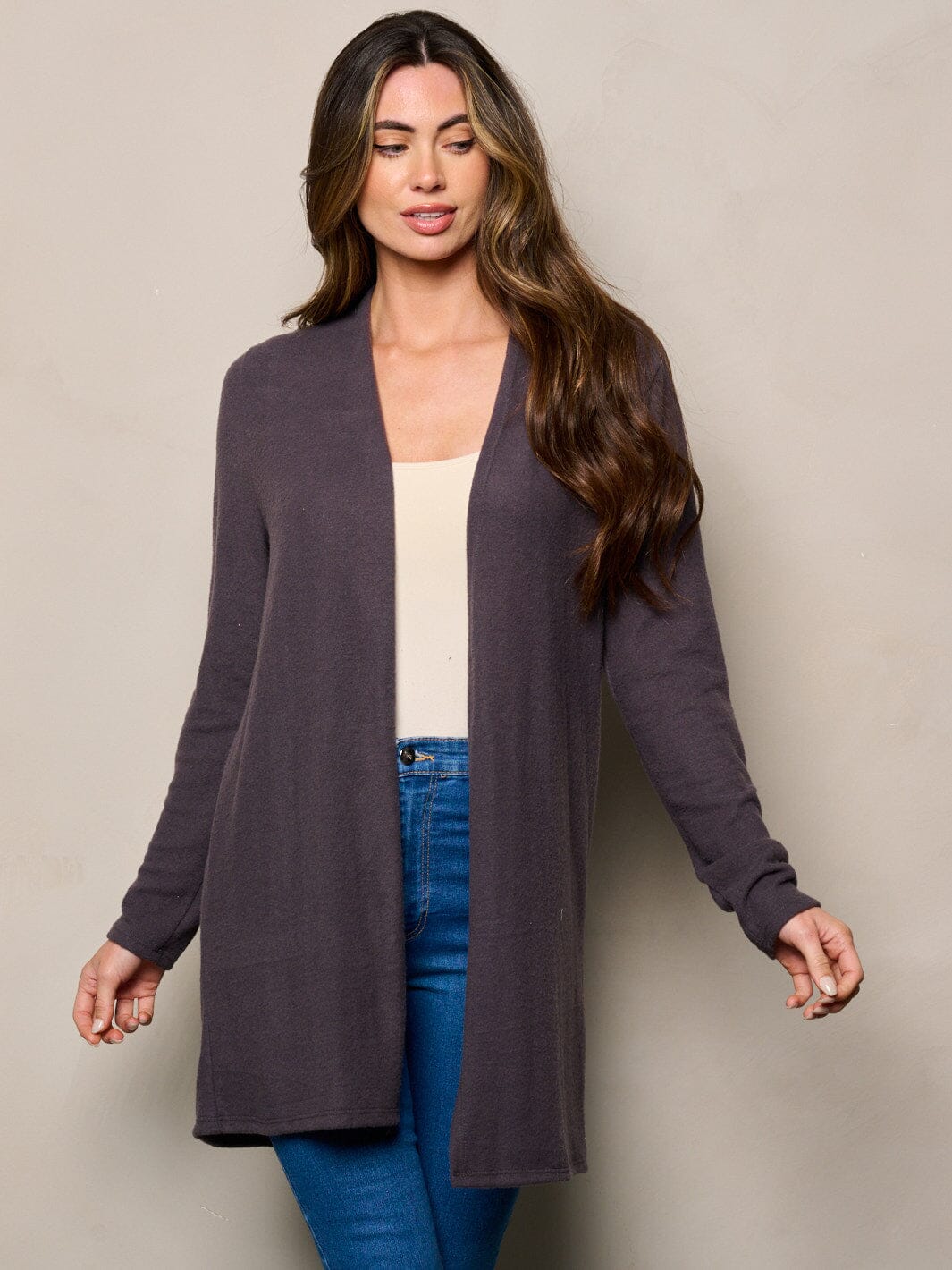 WOMEN'S LONG SLEEVE ELBOW PATCHED OPEN FRONT CARDIGAN