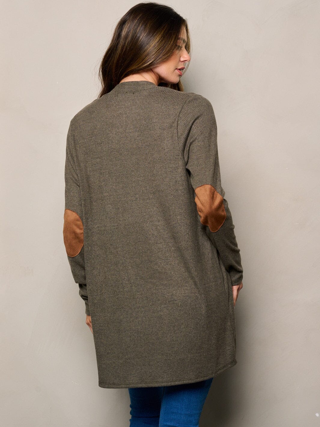 WOMEN'S LONG SLEEVE ELBOW PATCHED OPEN FRONT CARDIGAN