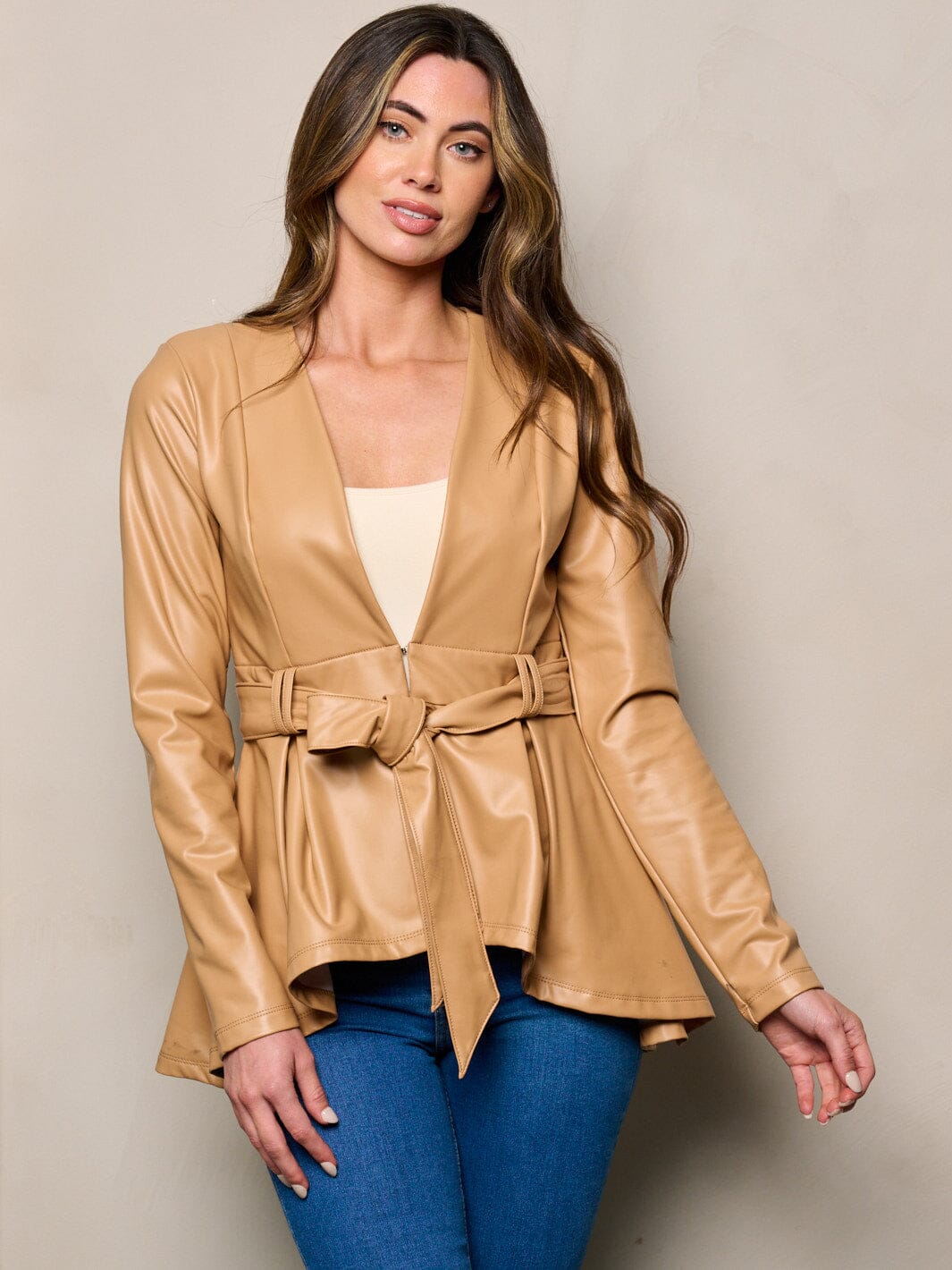 WOMEN'S LONG SLEEVES SELF TIE PEPLUM PU PLEATHER JACKET