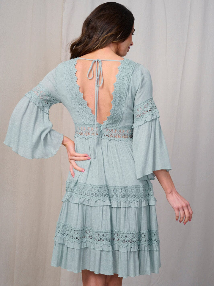 WOMEN'S 3/4 SLEEVE V-NECK CROCHET DETAILED MINI DRESS