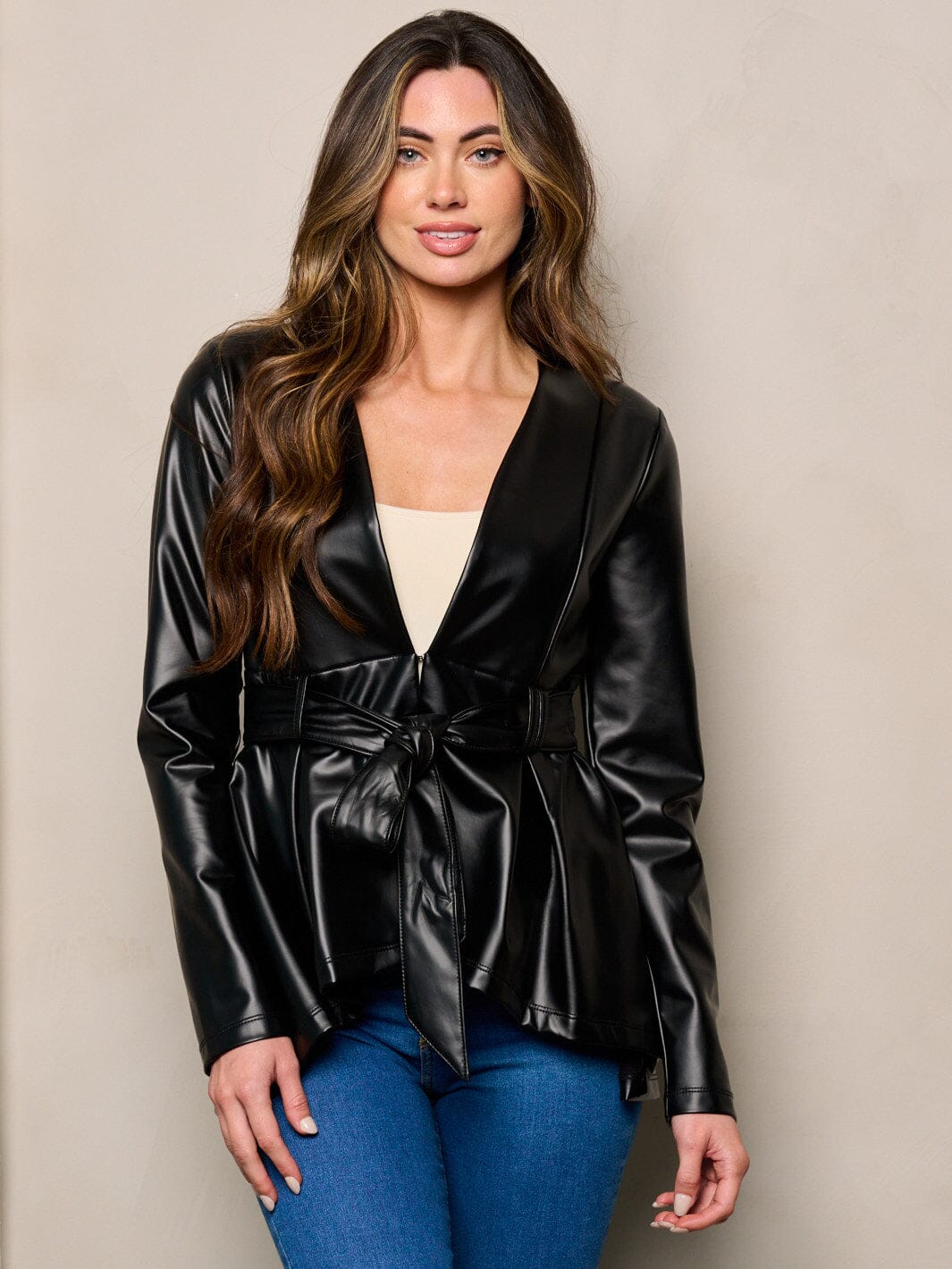 WOMEN'S LONG SLEEVES SELF TIE PEPLUM PU PLEATHER JACKET