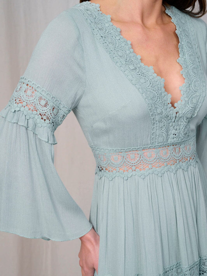 WOMEN'S 3/4 SLEEVE V-NECK CROCHET DETAILED MINI DRESS