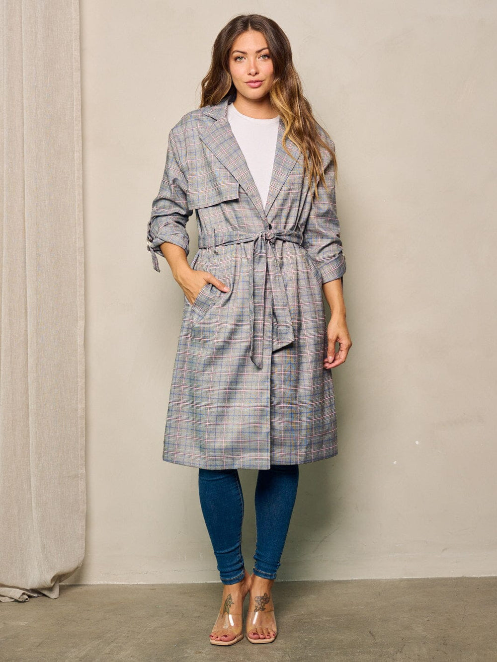 WOMEN'S LONG SLEEVE BUTTON CLOSURE POCKETS PLAID COAT