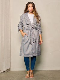 WOMEN'S LONG SLEEVE BUTTON CLOSURE POCKETS PLAID COAT