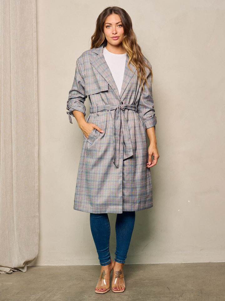 WOMEN'S LONG SLEEVE BUTTON CLOSURE POCKETS PLAID COAT
