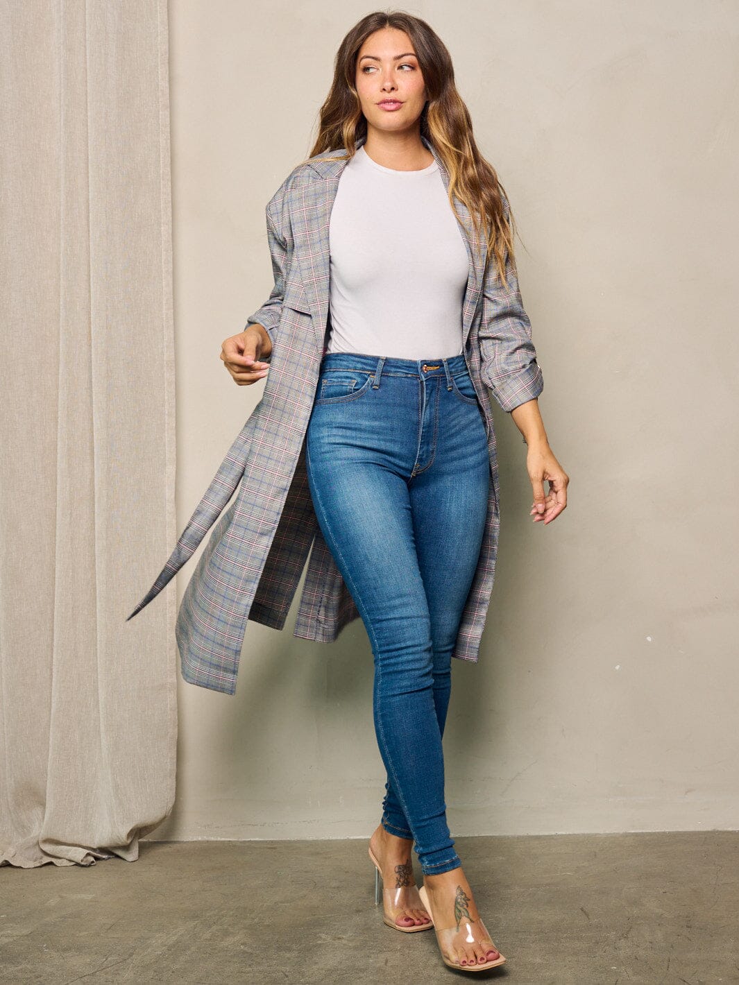 WOMEN'S LONG SLEEVE BUTTON CLOSURE POCKETS PLAID COAT