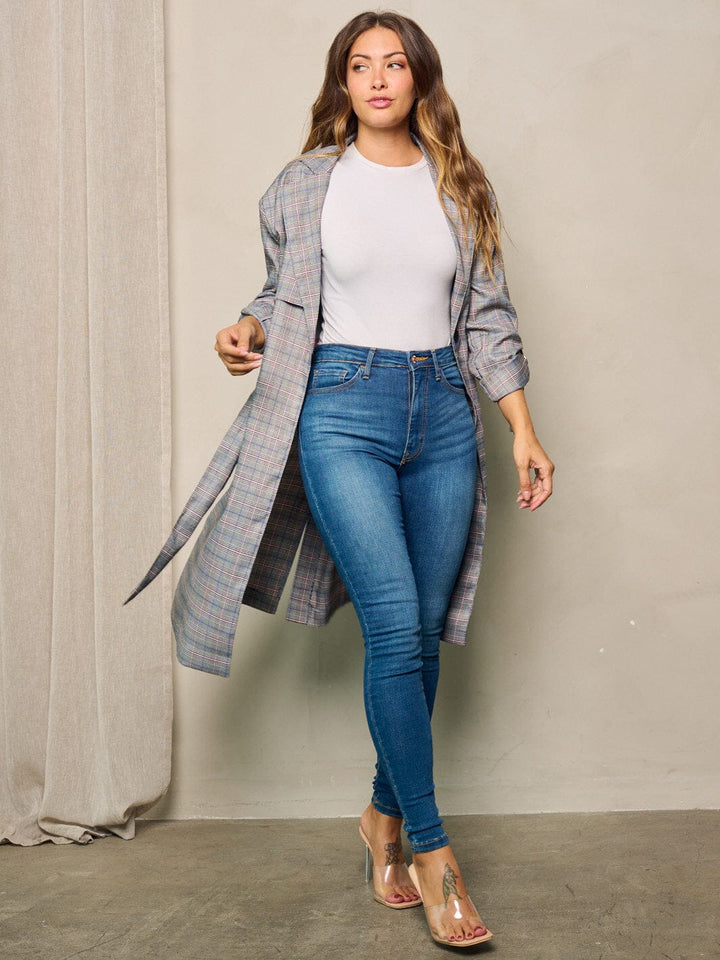 WOMEN'S LONG SLEEVE BUTTON CLOSURE POCKETS PLAID COAT