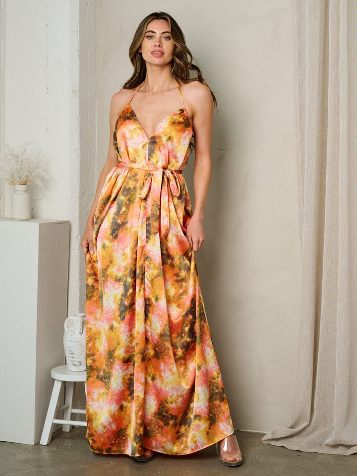 WOMEN'S SLEEVELESS V-NECK MULTI PRINT MAXI DRESS