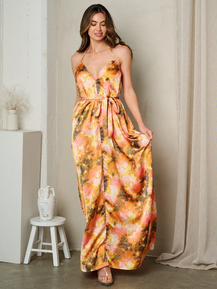 WOMEN'S SLEEVELESS V-NECK MULTI PRINT MAXI DRESS
