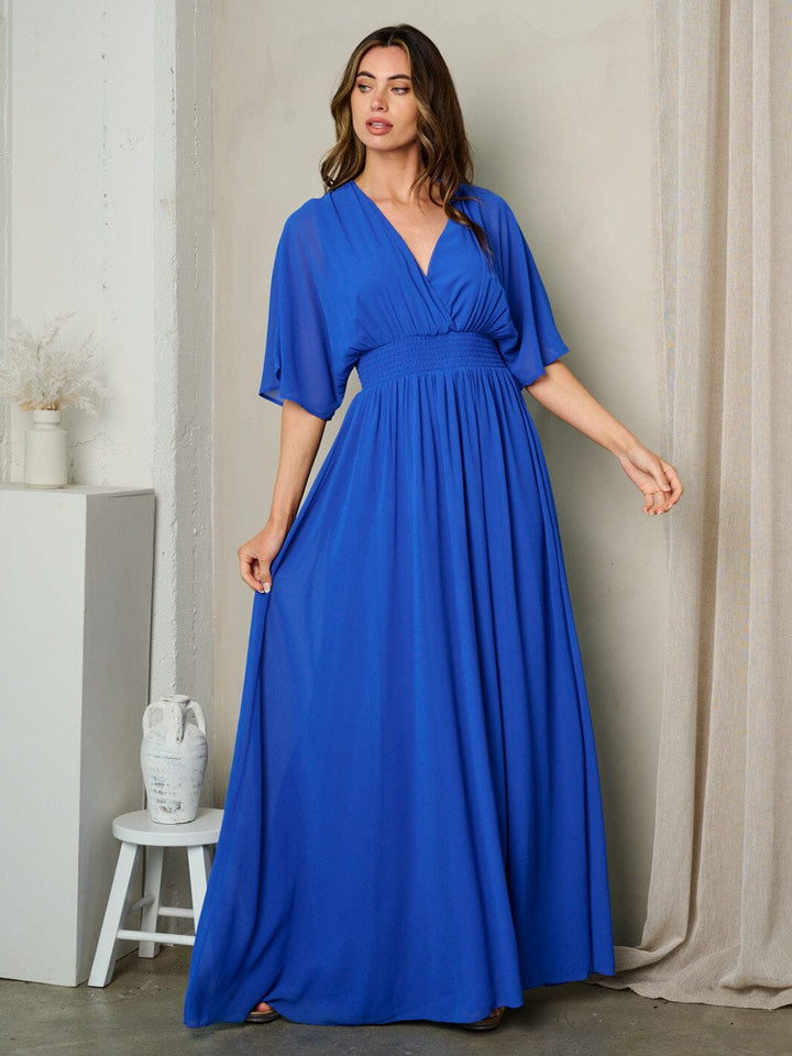 WOMEN'S SHORT SLEEVE SURPLICE SMOCK WAIST MAXI DRESS