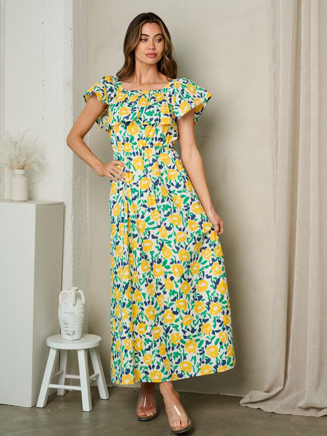 WOMEN'S SHORT SLEEVE RUFFLE FLORAL MAXI DRESS