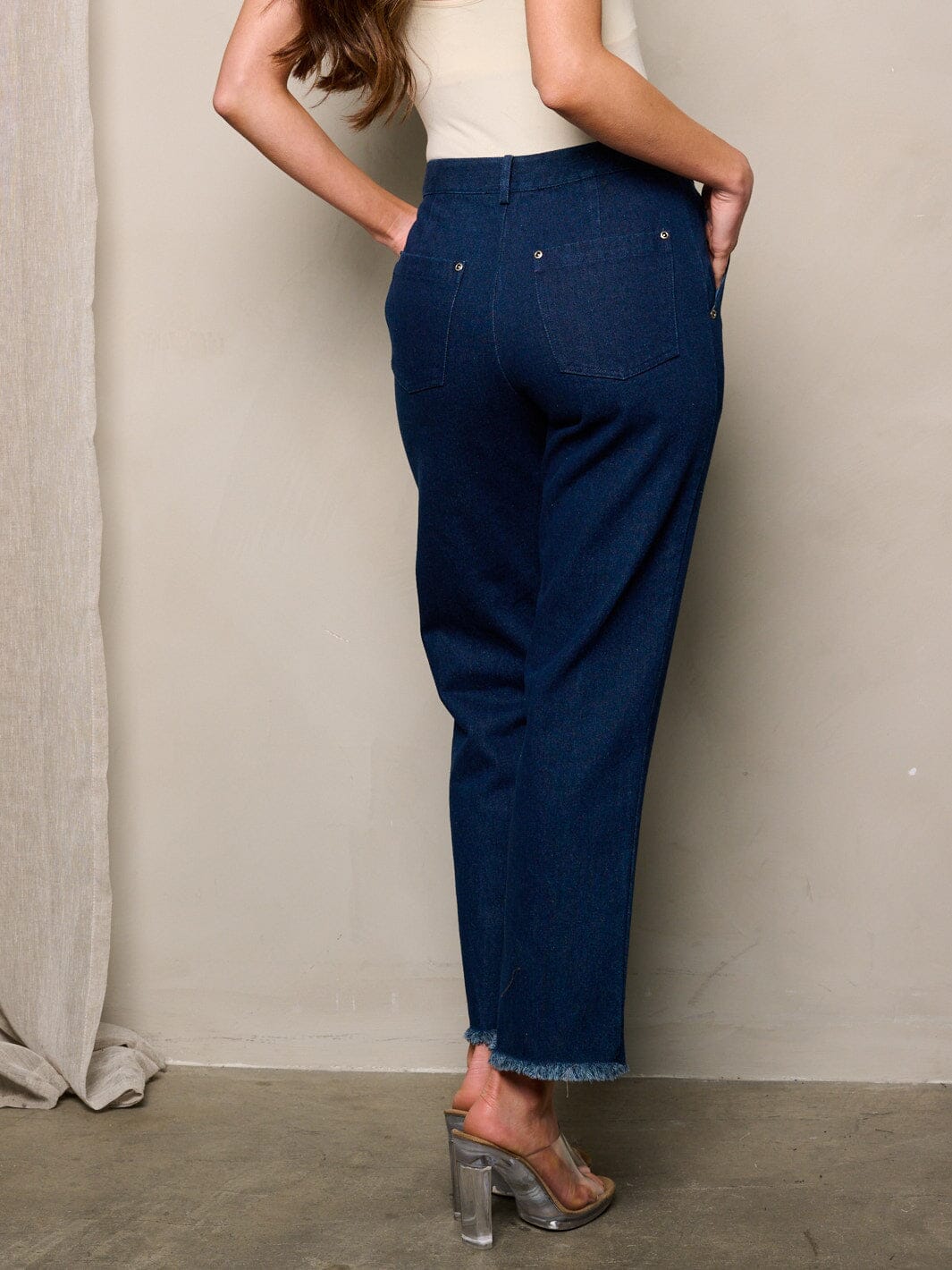 WOMEN'S BUTTON CLOSURE WIDE LEG POCKETS TWO TONE DENIM PANTS
